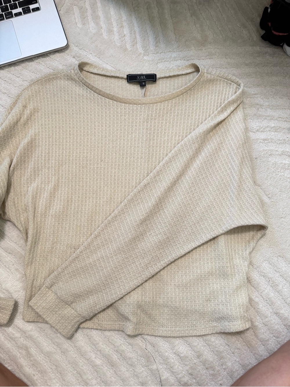 VIBE Lightweight Waffle-Knit Long Sleeve Top — Cream